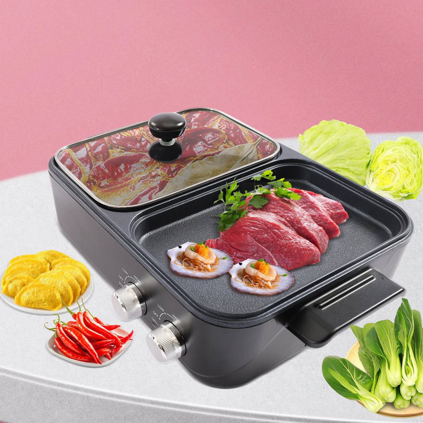 Electric Griddle and Hot Pot - Multi-Function Heating Grill and Cooking Pot