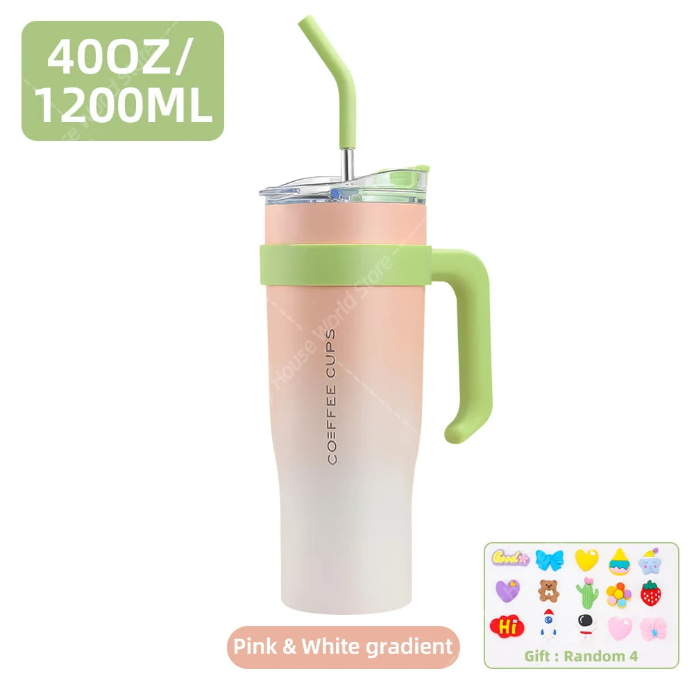 40oz Stainless Steel Thermos Bottle with Handle Straw Gradient Large-Capacity Coffee Cup Insulated Tumbler Bottle Thermal Mug