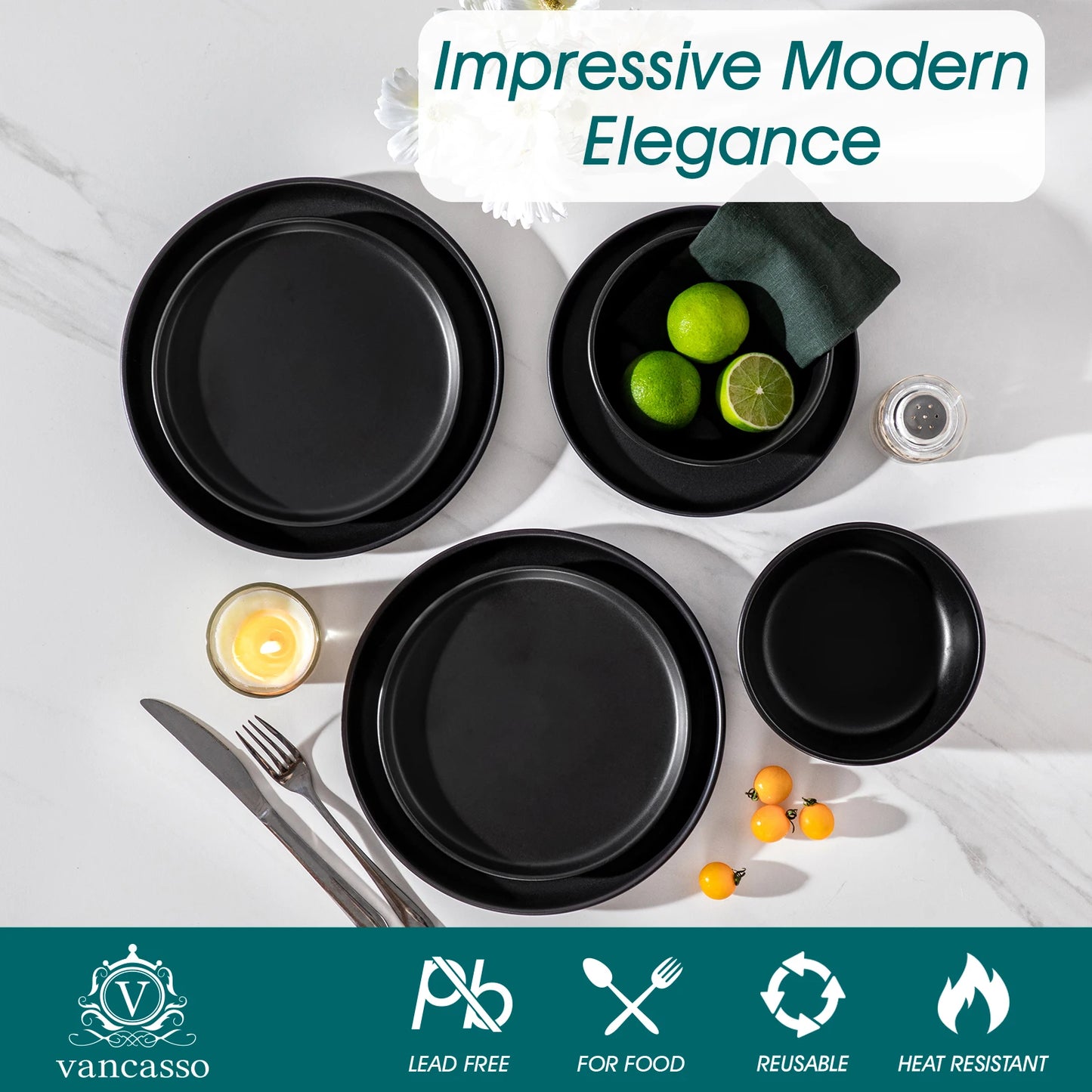 vancasso 18/36 PCS Black Reactive Glaze Dinnerware Set Stoneware Plates Set Microwave Safe with 6PCS Dinner Plate/Dessert/Bowl