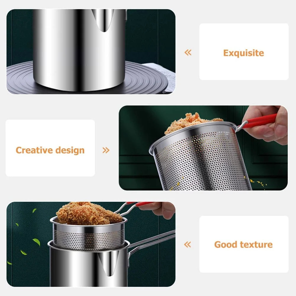 Tempura Small Deep Frying Pan with Strainer Basket Stainless Steel Deep Fryer Pot Portable Cooking Pot for Kitchen Fried Chicken