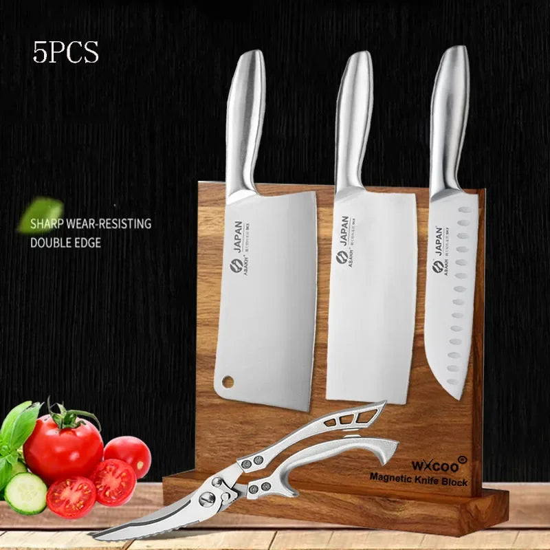 Professional Kitchen Knives Chef Chopping Knife Hollow Handle Meat Vegetable Slicing Knife Solid Wood Magnetic Knife Block