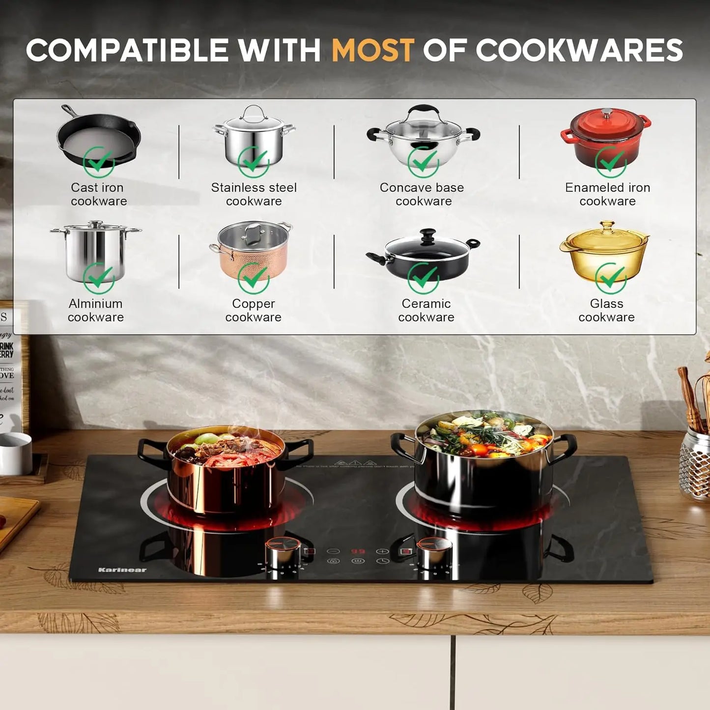 Karinear Ceramic hob 2 Zones with Plug, 3200W, 60cm Portable or Built-in Installation, Touch and Knobs Control, Infrared heating