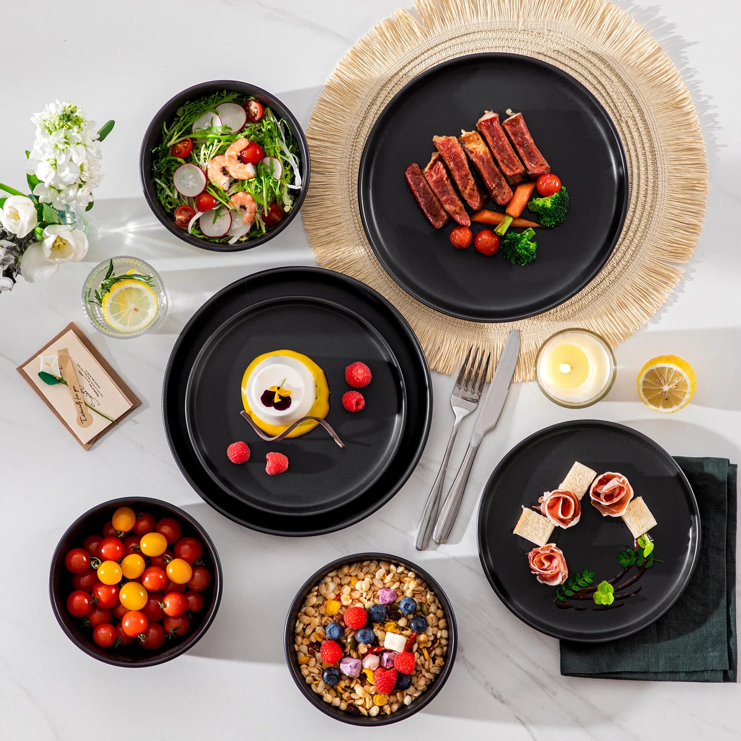 vancasso 18/36 PCS Black Reactive Glaze Dinnerware Set Stoneware Plates Set Microwave Safe with 6PCS Dinner Plate/Dessert/Bowl