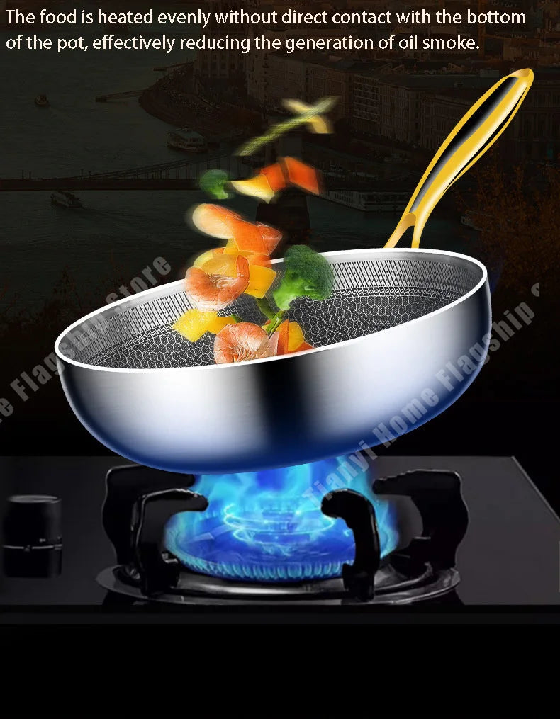316 Stainless Steel Frying Pan Wok Non-stick Cooking Honeycomb Steak Gas Stove Pot Induction General Saucepan Kitchen Cookware