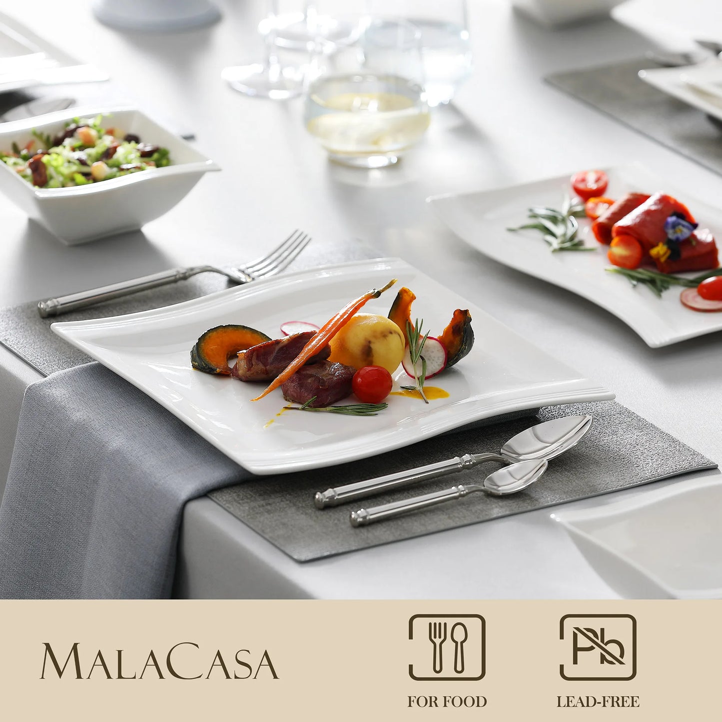 MALACASA 26-Piece Ceramic Porcelain Dinner Set with Bowls Dessert Soup Dinner Plates Rectangular Plates Set Service for 6 Person