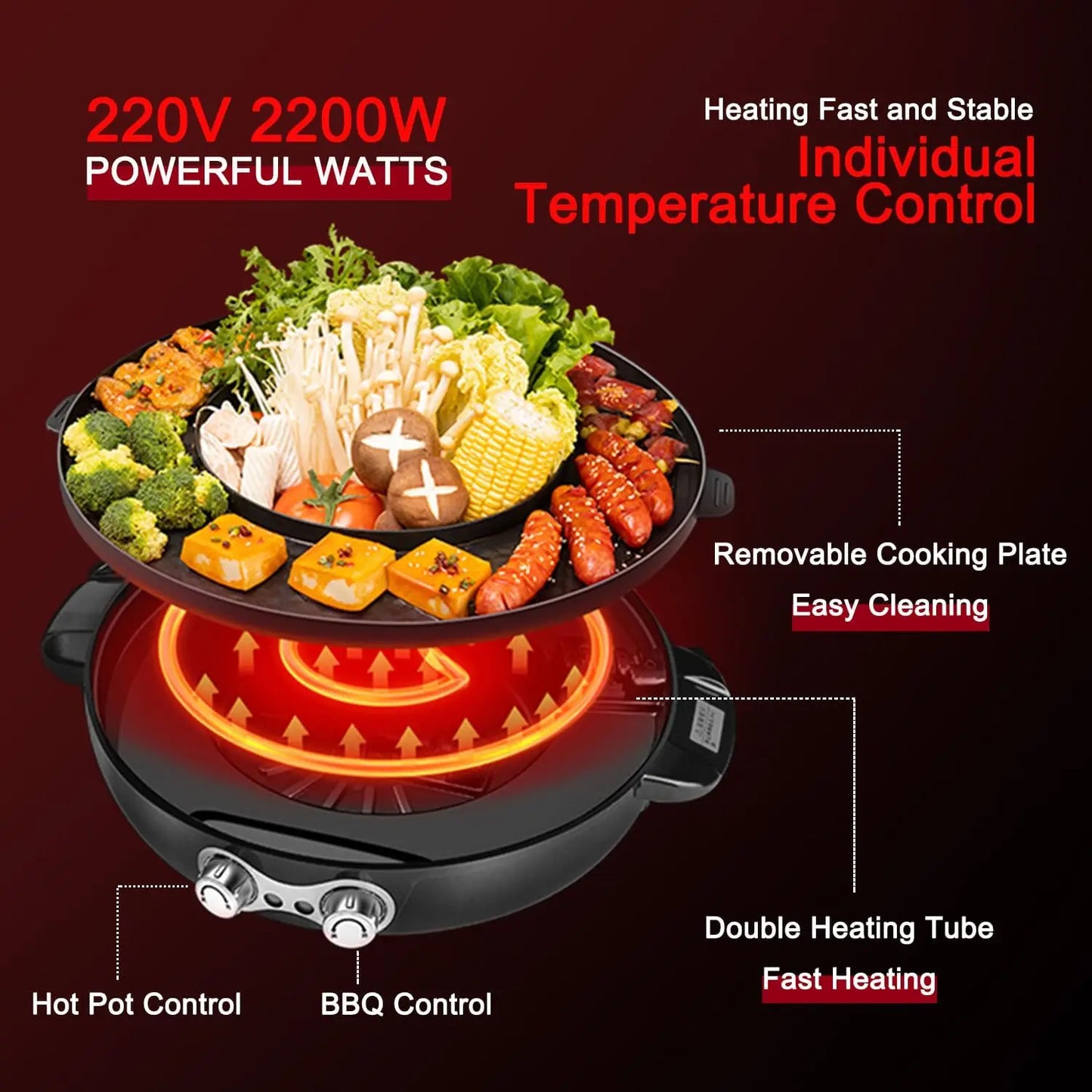 Food Party Hot Pot Electric BBQ Grill with Upgraded Separable Cooking Plate 220V 2200W Hotpot Chinese Pot Cooker Korean Barbecue