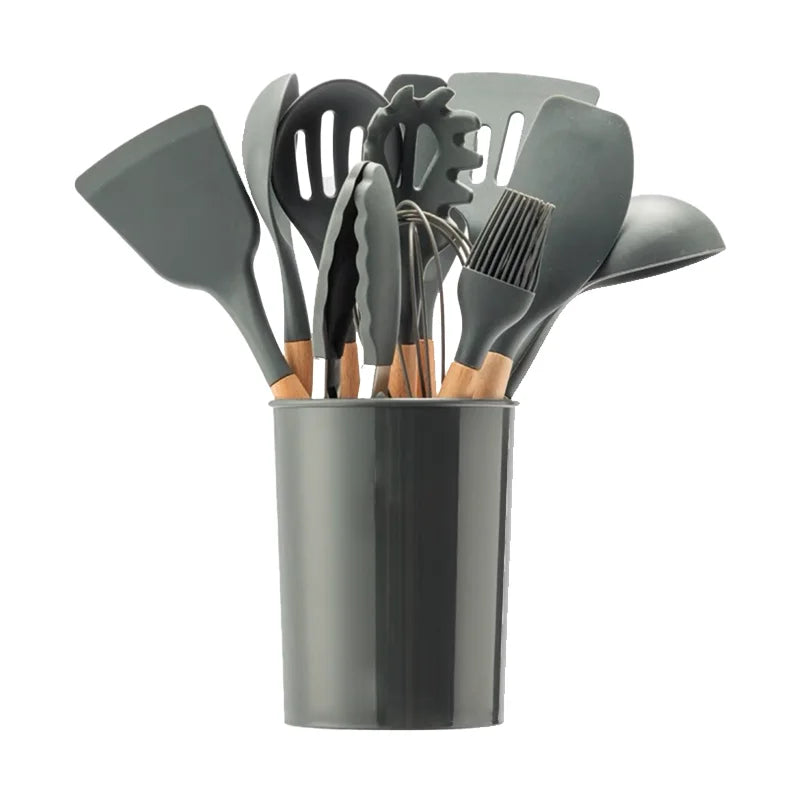 12-piece Set Wooden Handle Silicone Kitchen Utensils Silicone Kitchen Utensils Non-stick Pan Cooking Spatula Baking Storage Tool