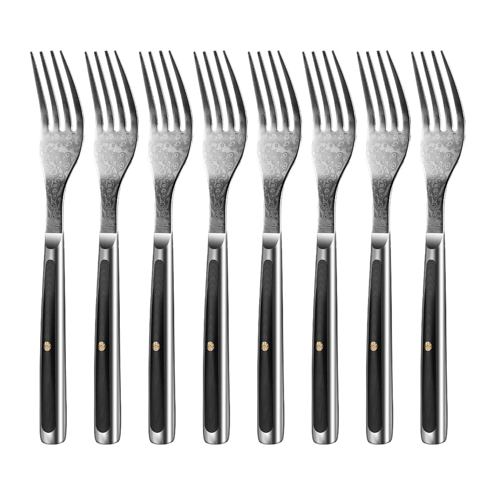 Sunnecko Forks and Steak Knives Set 73 Layers VG10 Damascus Steel Table Meat Slicing Knife Ultra Sharp Tableware Cutlery Tools