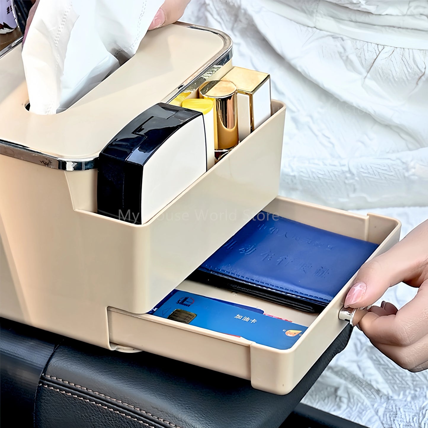 Car Armrest Storage Box Water Cup Holder Large Capacity Multifunctional Tissue Storage Car Seat Hanger Paper Towels Storage