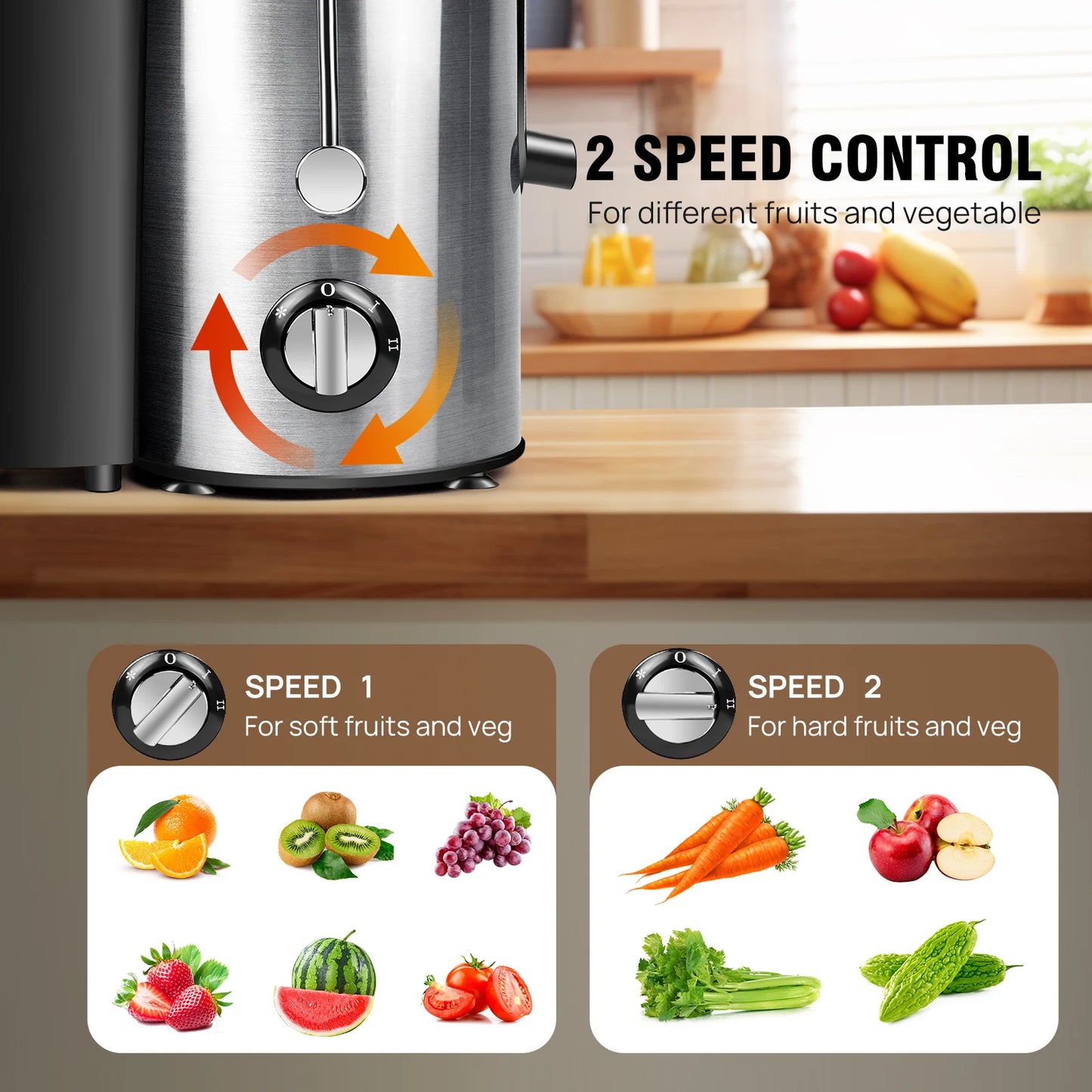 BRIEFNESS Juicer Centrifugal Juicer Machines Whole Fruit Vegetable 500W 65mm Wide Mouth 2 Speed 500ml Efficient Juice Maker