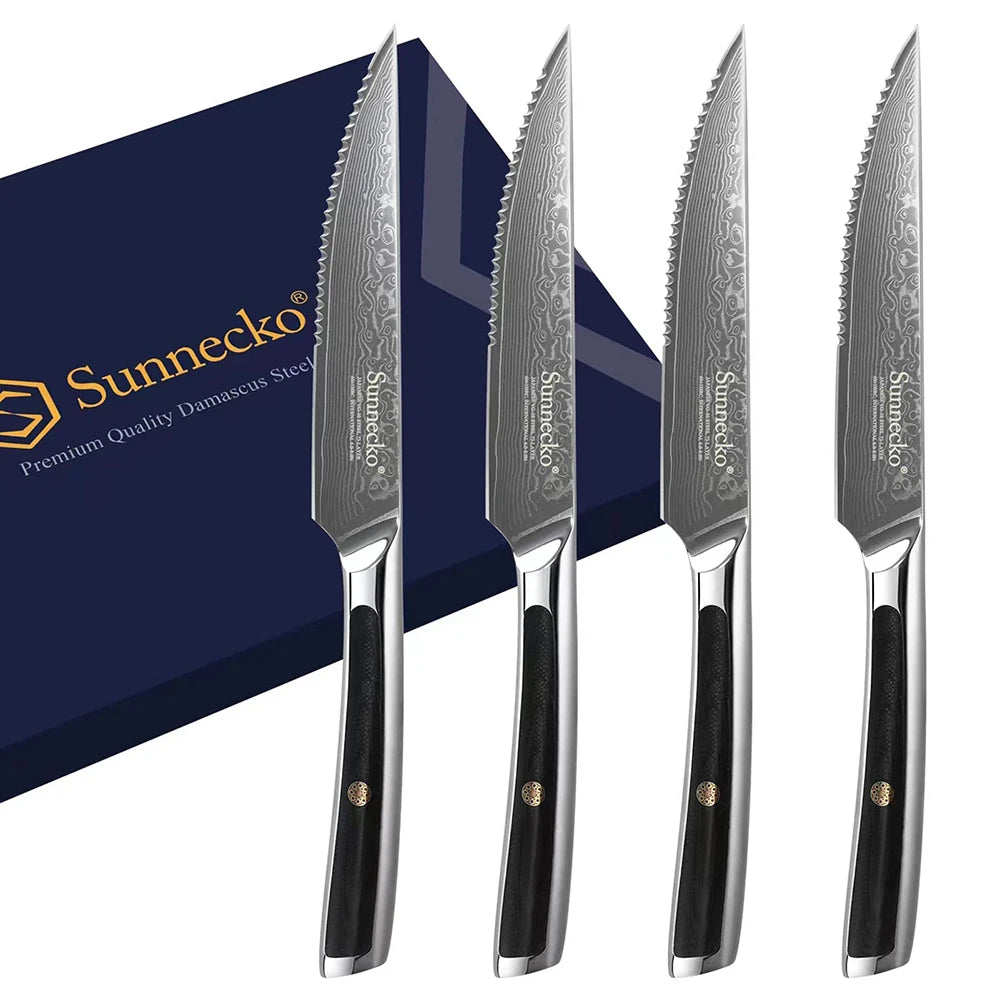 Sunnecko Forks and Steak Knives Set 73 Layers VG10 Damascus Steel Table Meat Slicing Knife Ultra Sharp Tableware Cutlery Tools