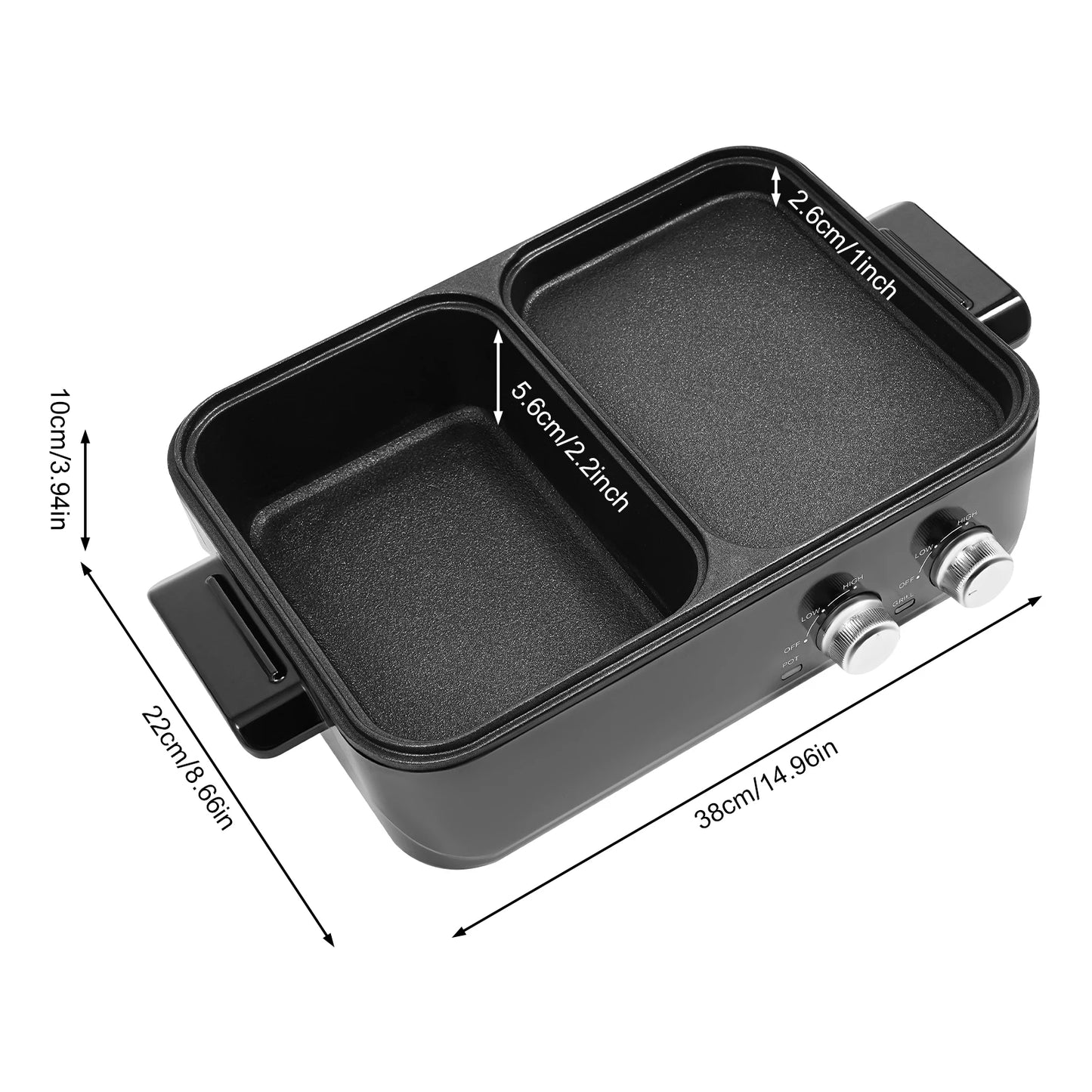 1200-1500W 2-in-1 Electric Hot Pot Grill Nonstick Dual Temperature Control UK Plug Black for Indoor Family BBQ