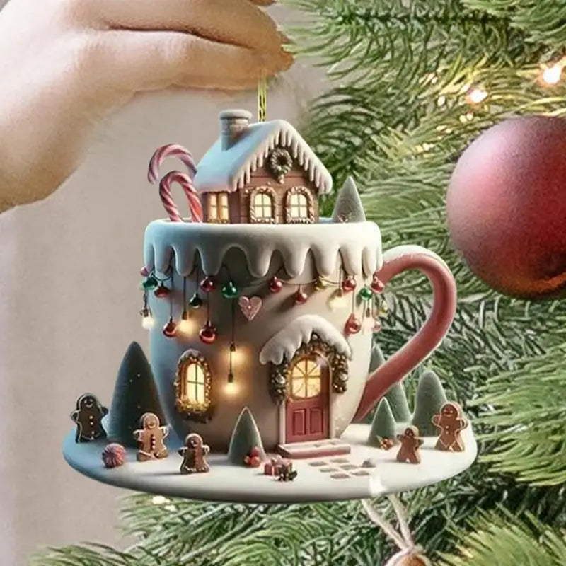 Christmas Coffee Cup Ornaments Christmas Snow Houses Chocolate Mug Pendant 8cm/3.14inch Christmas tree pendant decoration