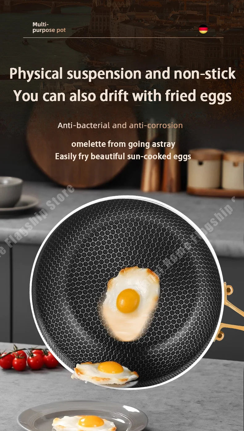 316 Stainless Steel Frying Pan Wok Non-stick Cooking Honeycomb Steak Gas Stove Pot Induction General Saucepan Kitchen Cookware