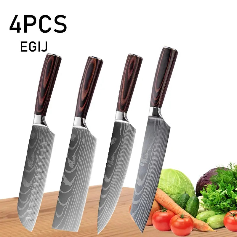 WXCOO Chef Knife Japanese Kitchen Knives Set Professional Laser Damascus Pattern Stainless Steel Meat Cleaver Slicer Knife