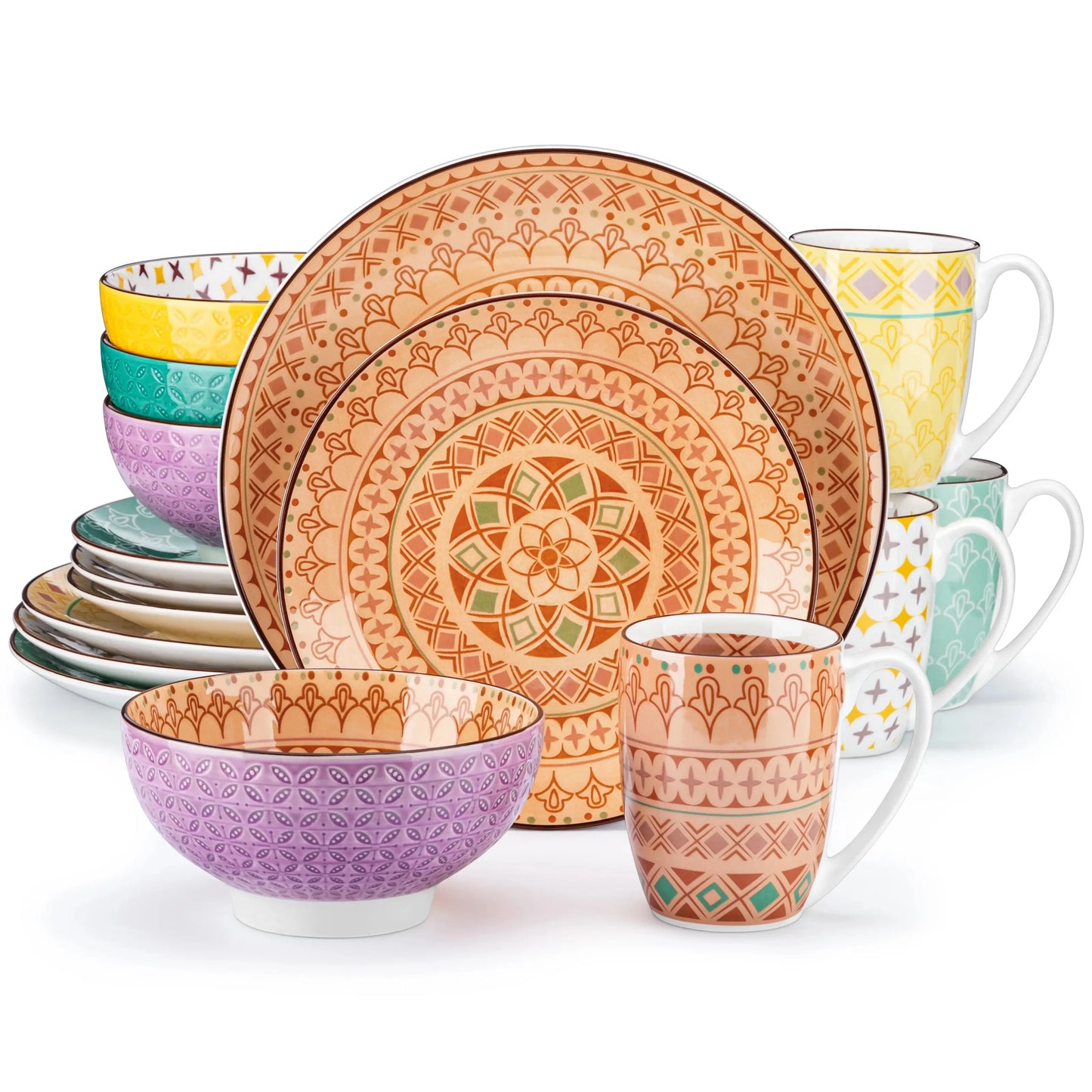 vancasso 16/32-Piece 4-Color 4-Design Porcelain Dinnerware Set Plate Set with 4PCS Dinner Plate,Dessert Plate,Bowl,Mug Set