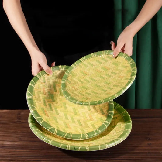 Creative Imitation Bamboo Weaving Hot Pot Vegetable Plate Melamine Multiple Styles Barbecue Plate Green Serving Plate Restaurant