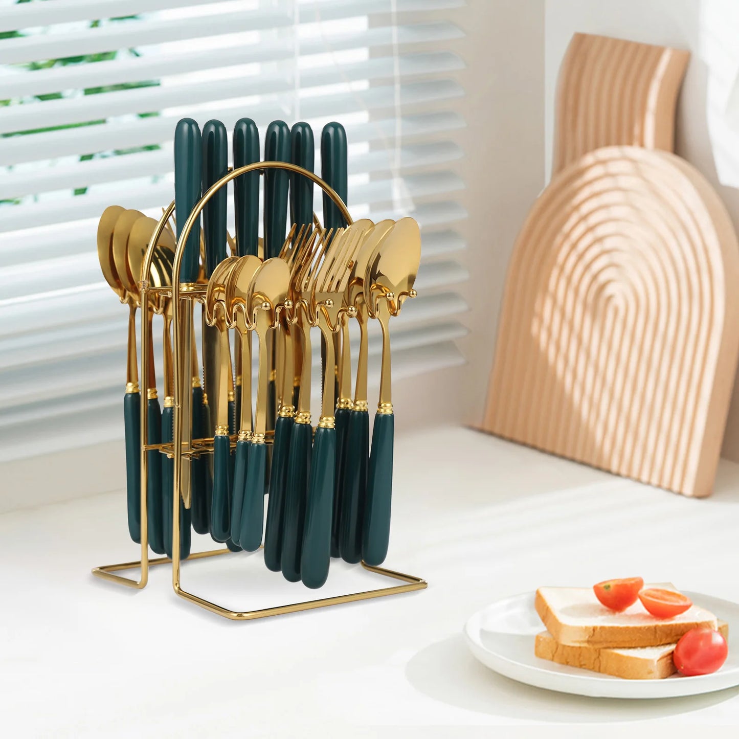 Stainless Steel Cutlery Set with Stand, Dark Green Handle, 24 PCS Cutlery Set for Kitchens