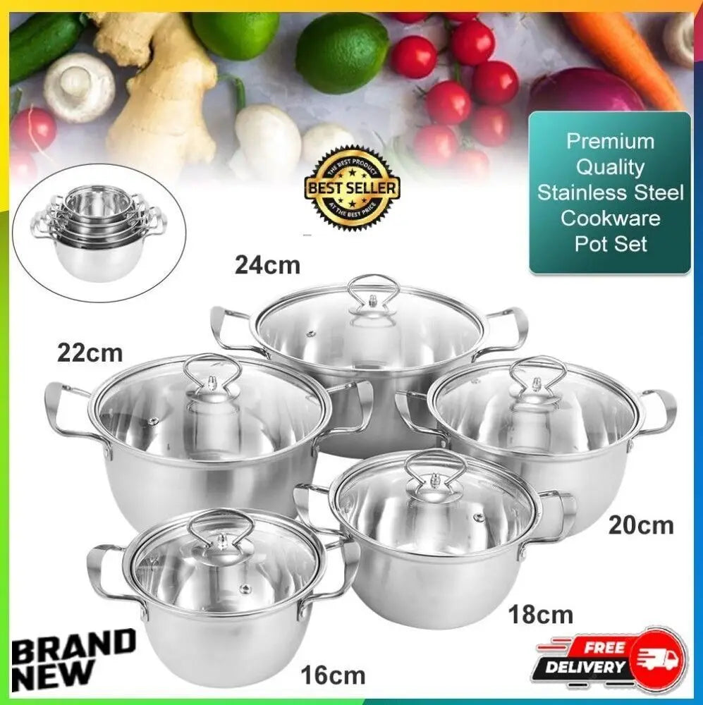 5Pc/Set Stainless Steel Cookware Casserole Stockpot Pans with Glass Lids 5 Sizes