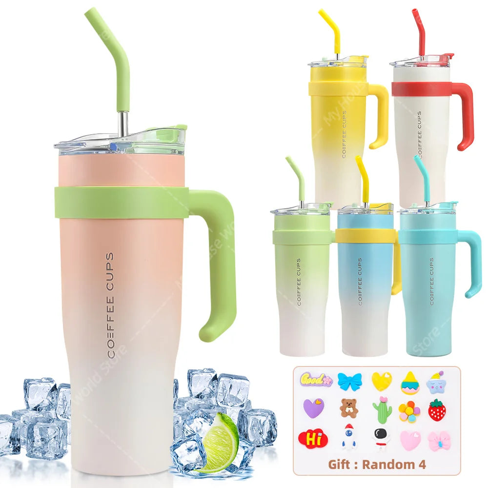 40oz Stainless Steel Thermos Bottle with Handle Straw Gradient Large-Capacity Coffee Cup Insulated Tumbler Bottle Thermal Mug