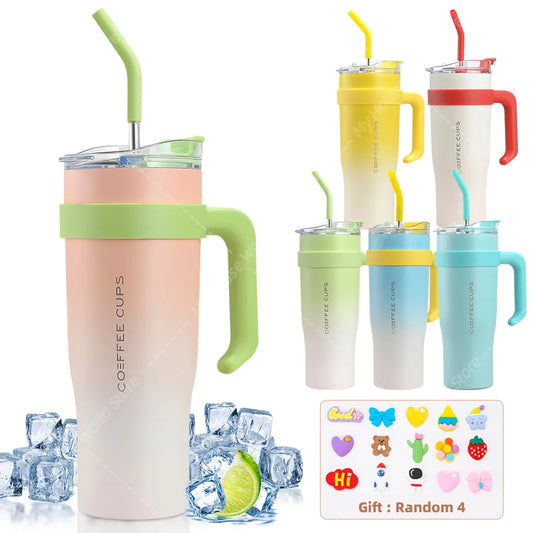 40oz Stainless Steel Thermos Bottle with Handle Straw Gradient Large-Capacity Coffee Cup Insulated Tumbler Bottle Thermal Mug