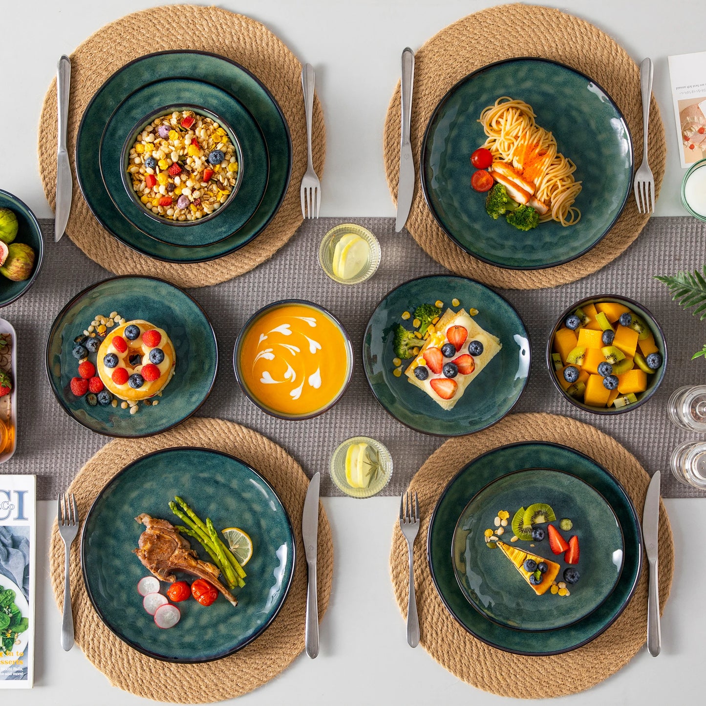 vancasso 12/24 Pcs Green Ceramic Plates Set Kiln Change Stoneware Dinner Set with 4PCS Dinner Plate/Dessert/Cereal Bowl for 4/8