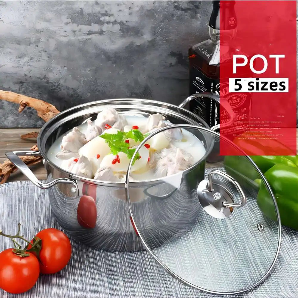 5Pc/Set Stainless Steel Cookware Casserole Stockpot Pans with Glass Lids 5 Sizes
