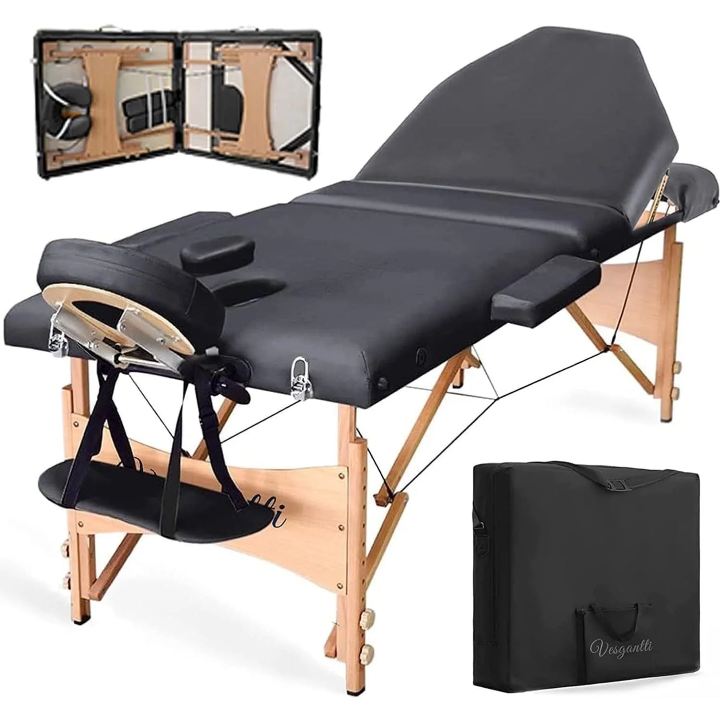 Portable Massage Bed Table - 3-Section Foldable Beauty Couch for Reiki Therapy Treatment Salon Healing - Metal Headrest Support