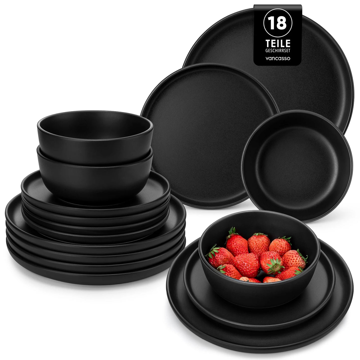 vancasso 18/36 PCS Black Reactive Glaze Dinnerware Set Stoneware Plates Set Microwave Safe with 6PCS Dinner Plate/Dessert/Bowl