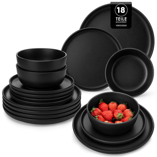 vancasso 18/36 PCS Black Reactive Glaze Dinnerware Set Stoneware Plates Set Microwave Safe with 6PCS Dinner Plate/Dessert/Bowl