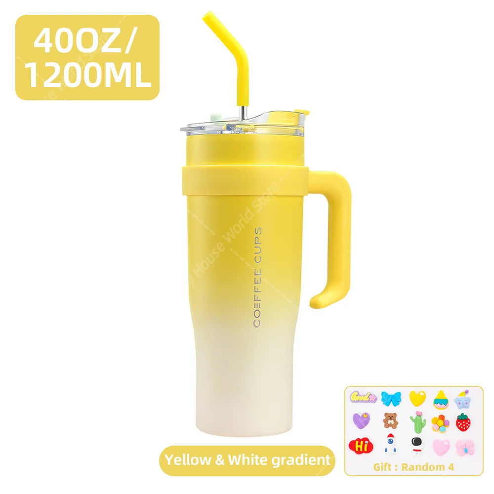 40oz Stainless Steel Thermos Bottle with Handle Straw Gradient Large-Capacity Coffee Cup Insulated Tumbler Bottle Thermal Mug