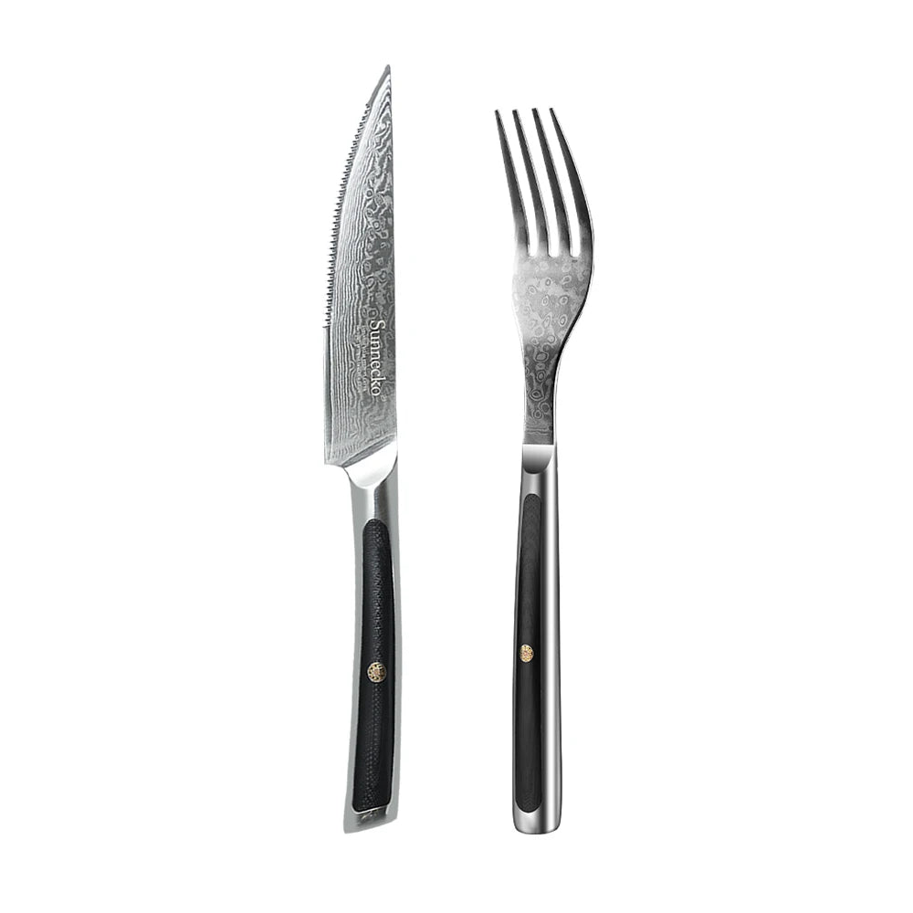 Sunnecko Forks and Steak Knives Set 73 Layers VG10 Damascus Steel Table Meat Slicing Knife Ultra Sharp Tableware Cutlery Tools