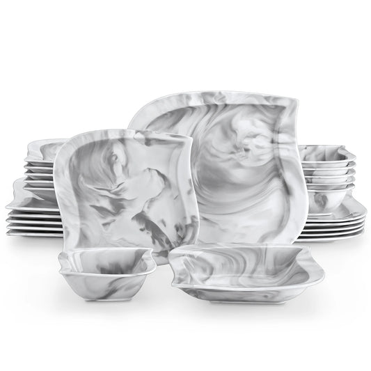 MALACASA 24/48 Piece Marble Grey Porcelain Dinnerware Sets Plates Dinner Sets with 6pcs Dinner Plate/Dessert/Soup Plate/Bowl