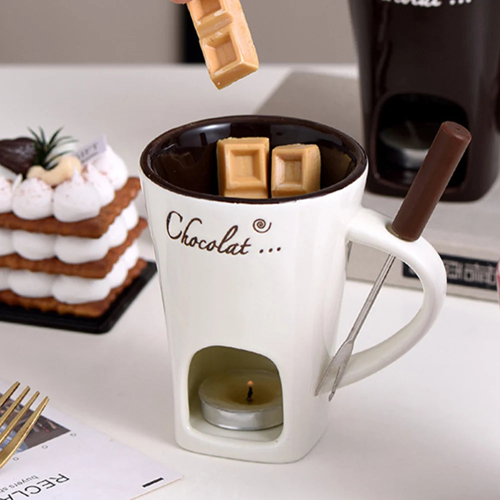 150ml European Candle Cup Cheese Chocolate Melting Ceramic Mug Heating Food Ceramic Mug With Fork Creative Coffee Mug Tableware