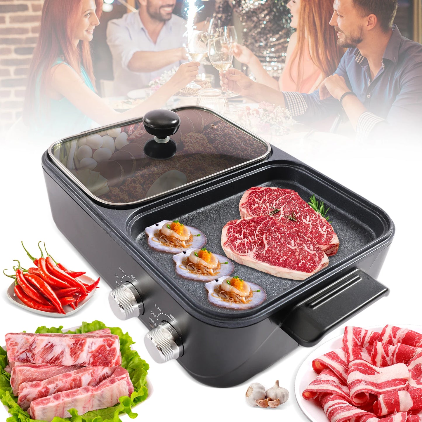 Electric Griddle and Hot Pot - Multi-Function Heating Grill and Cooking Pot