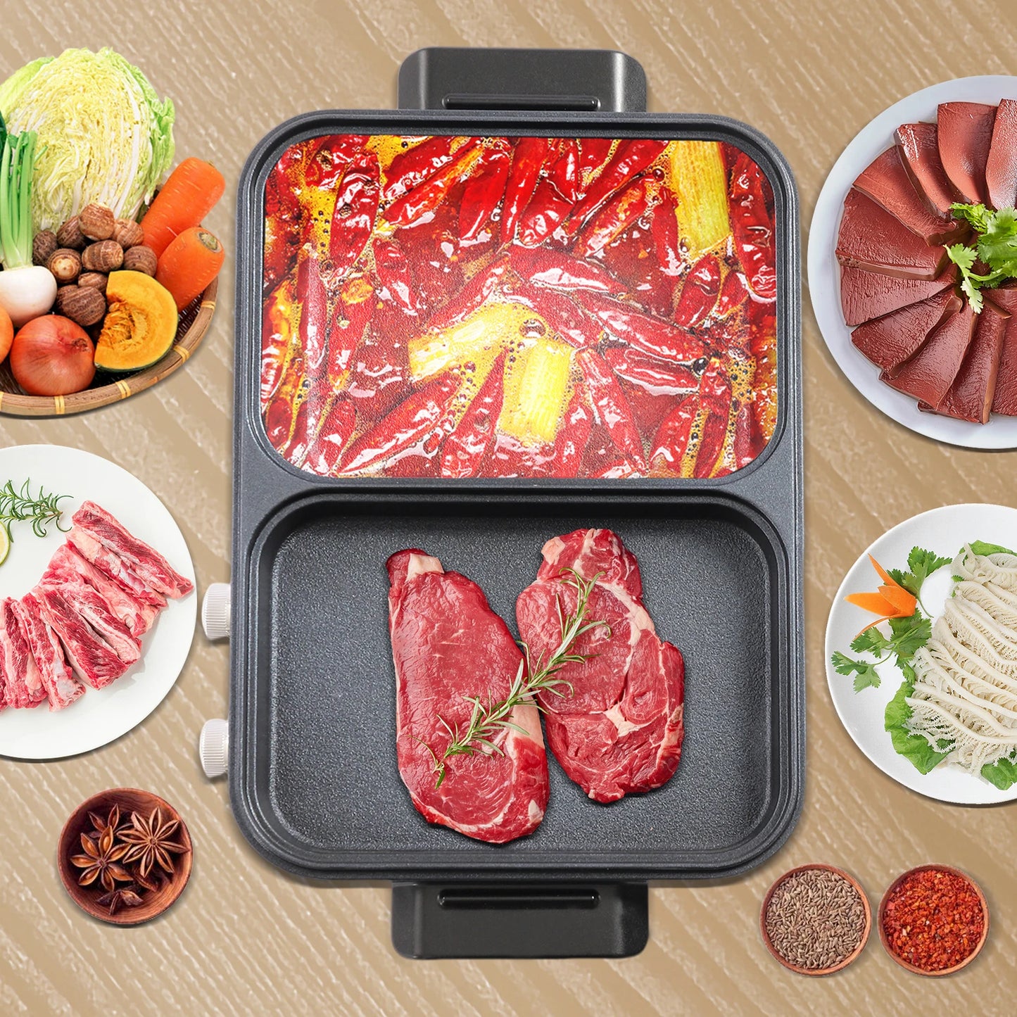 Electric Griddle and Hot Pot - Multi-Function Heating Grill and Cooking Pot