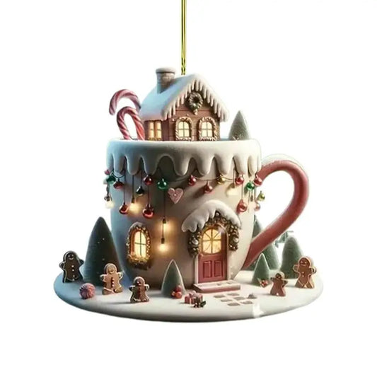 Christmas Coffee Cup Ornaments Christmas Snow Houses Chocolate Mug Pendant 8cm/3.14inch Christmas tree pendant decoration
