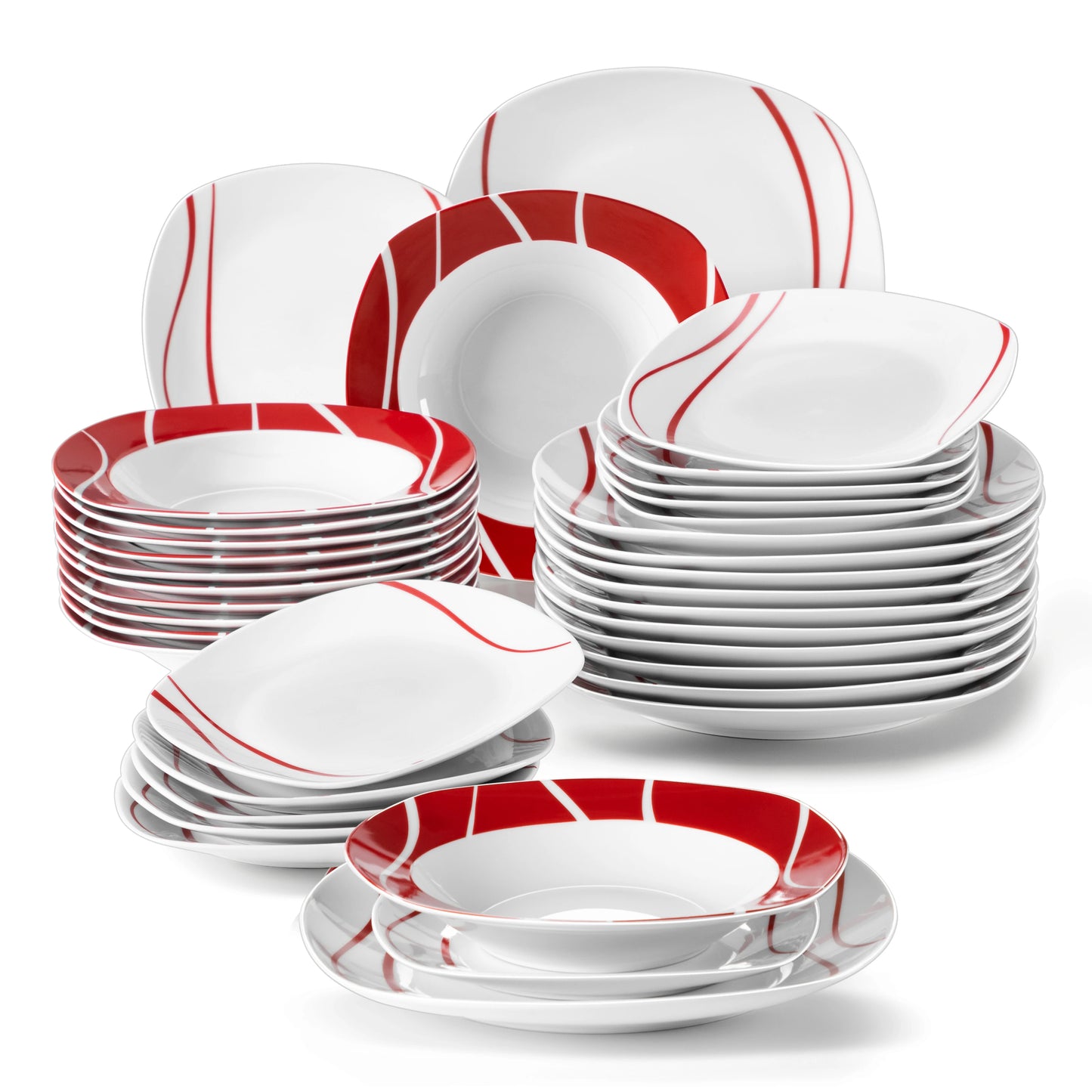 MALACASA 18/36 Piece Red Stripes Porcelain Dinner Set Dinnerware Set with 6PCS Dessert Soup Dinner Plates Service For 6person