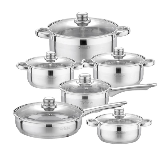 Velaze Kitchen Cookware Set 12 PCS Set Stainless Steel Cooking Pot&Pan Sets, Induction Safe, Saucepan, Casserole,with Glass lid