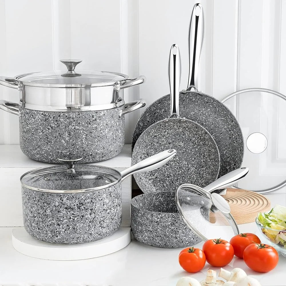 10 Piece Non Stick Cookware Set Stone Derived Coating Pots and Pans Ultra Durable Scratch Resistant Induction Compatible
