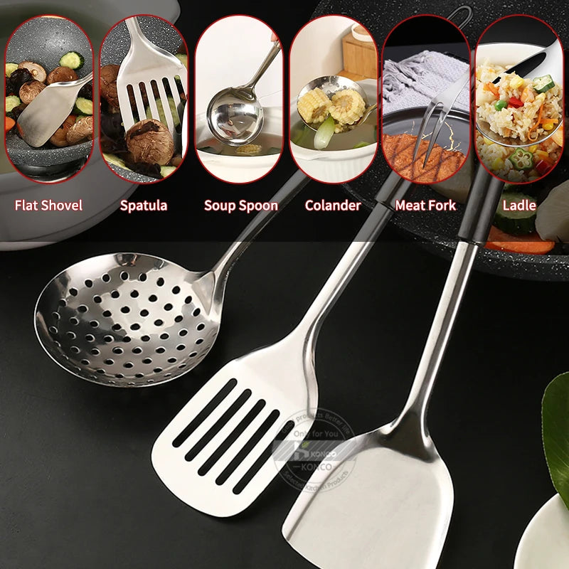 KONCO 6 Pieces Kictche Cooking Utensil Set Stainless Steel Cookware Set with Organizer Holder Stand Kitchen Cooking Tools