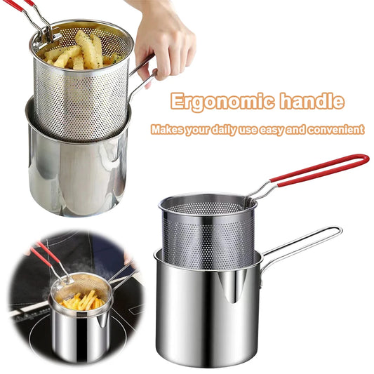 Tempura Small Deep Frying Pan with Strainer Basket Stainless Steel Deep Fryer Pot Portable Cooking Pot for Kitchen Fried Chicken