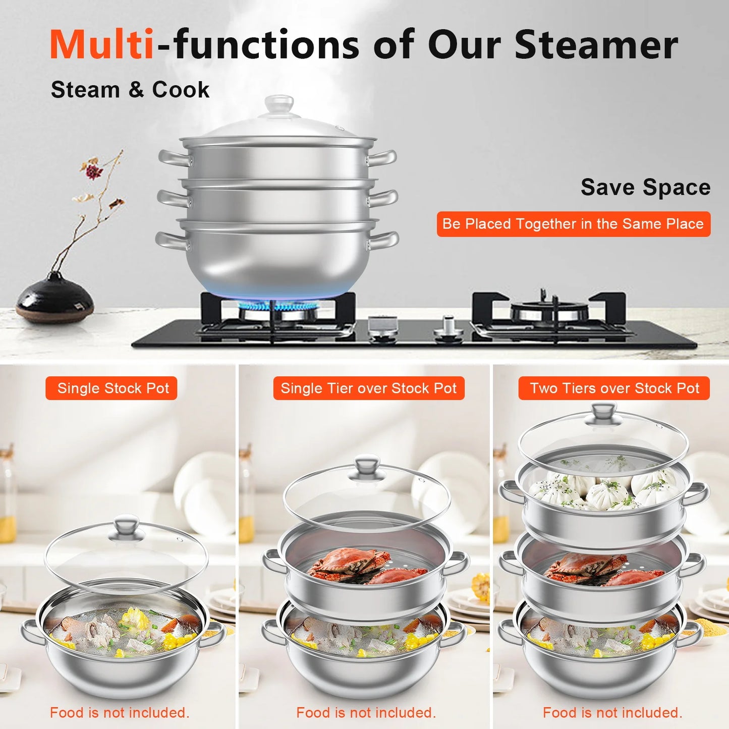 28CM 3-Tier Stainless Steel Steamer Pot Set with Glass Lids for Cooking Vegetables Multi-Purpose Food Preparation Food Cooker