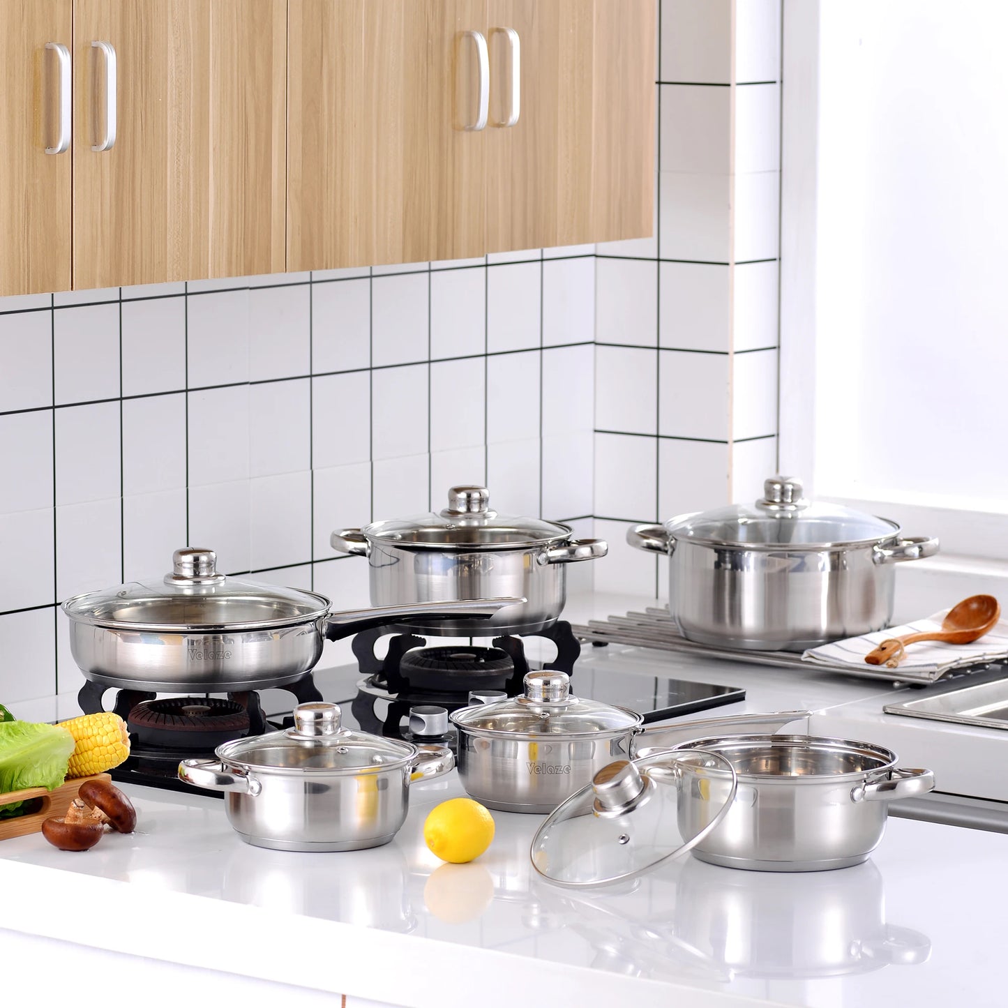 Velaze Kitchen Cookware Set 12 PCS Set Stainless Steel Cooking Pot&Pan Sets, Induction Safe, Saucepan, Casserole,with Glass lid