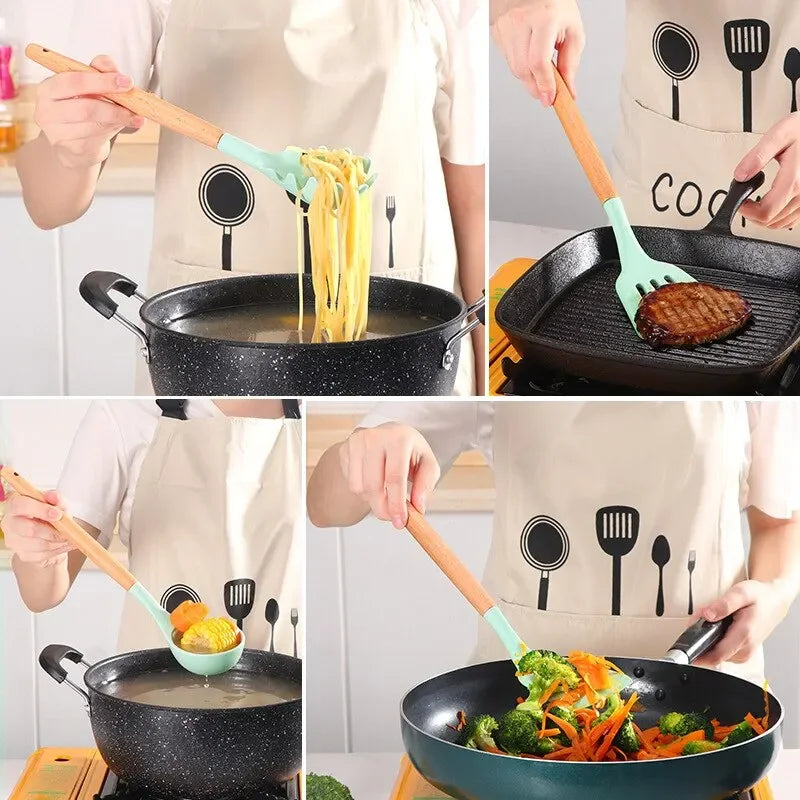 12-piece Set Wooden Handle Silicone Kitchen Utensils Silicone Kitchen Utensils Non-stick Pan Cooking Spatula Baking Storage Tool
