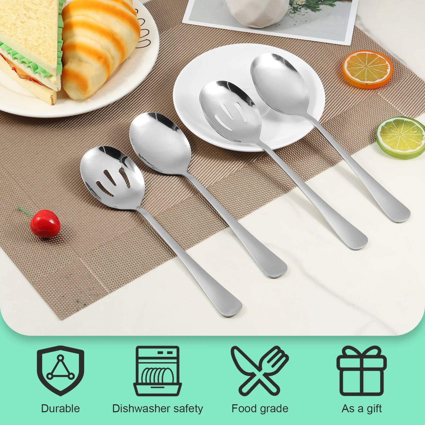 12 件套 Serving Spoons Set Includes 6 Serving Spoons and 6 Slotted Spoons Stainless Steel Buffet Spoons Dishwasher Safe Serving