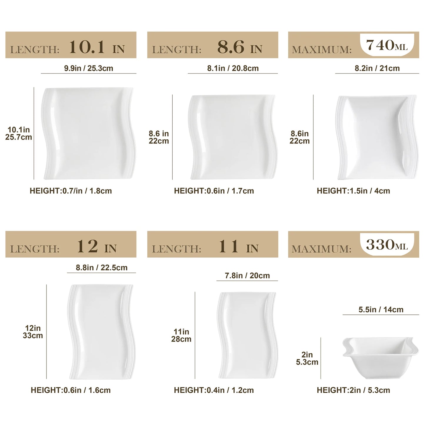 MALACASA 26-Piece Ceramic Porcelain Dinner Set with Bowls Dessert Soup Dinner Plates Rectangular Plates Set Service for 6 Person