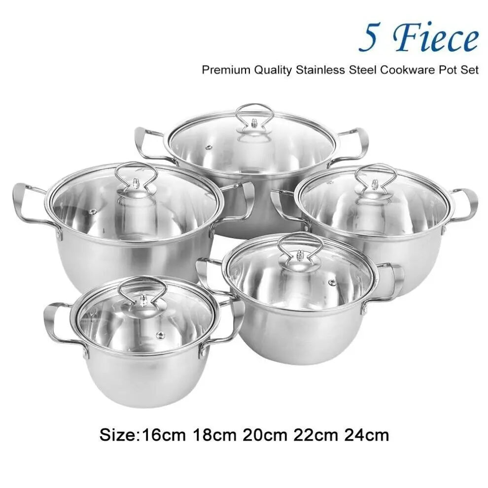 5Pc/Set Stainless Steel Cookware Casserole Stockpot Pans with Glass Lids 5 Sizes