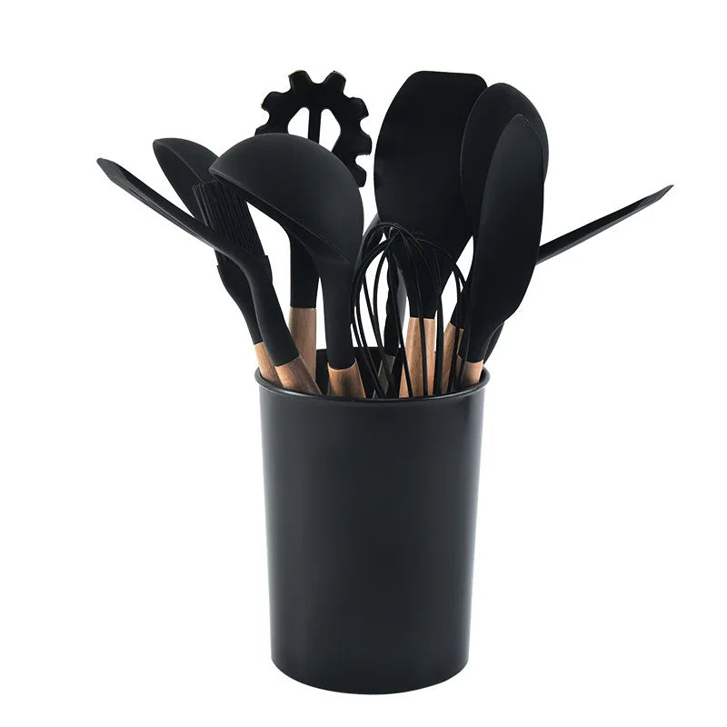12-piece Set Wooden Handle Silicone Kitchen Utensils Silicone Kitchen Utensils Non-stick Pan Cooking Spatula Baking Storage Tool