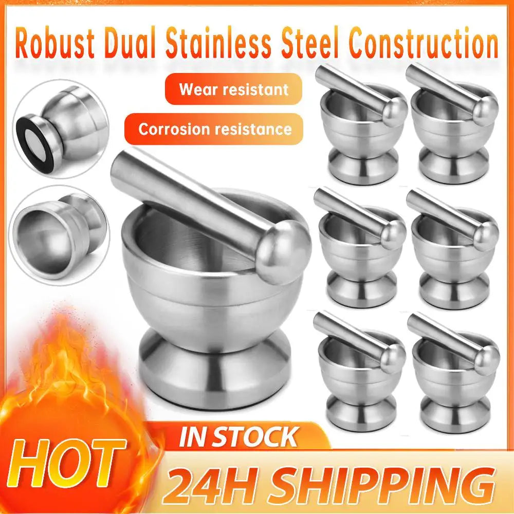 Stainless Steel Mortar and Pestle Set Heavy Duty Spices Grinder Non Slip Garlic Crusher Bowl Ergonomic Tools for Kitchen Supplie